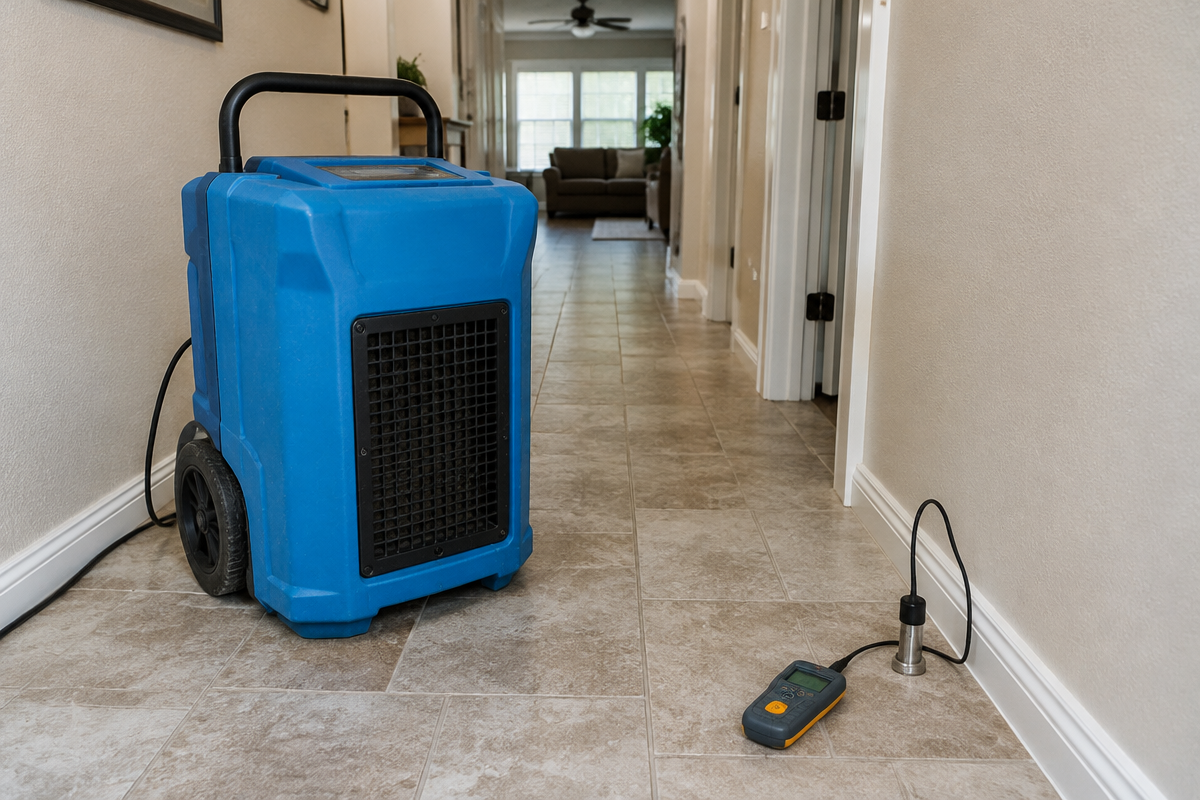 Industrial dehumidifier and moisture meter drying a hallway in a McAllen area home