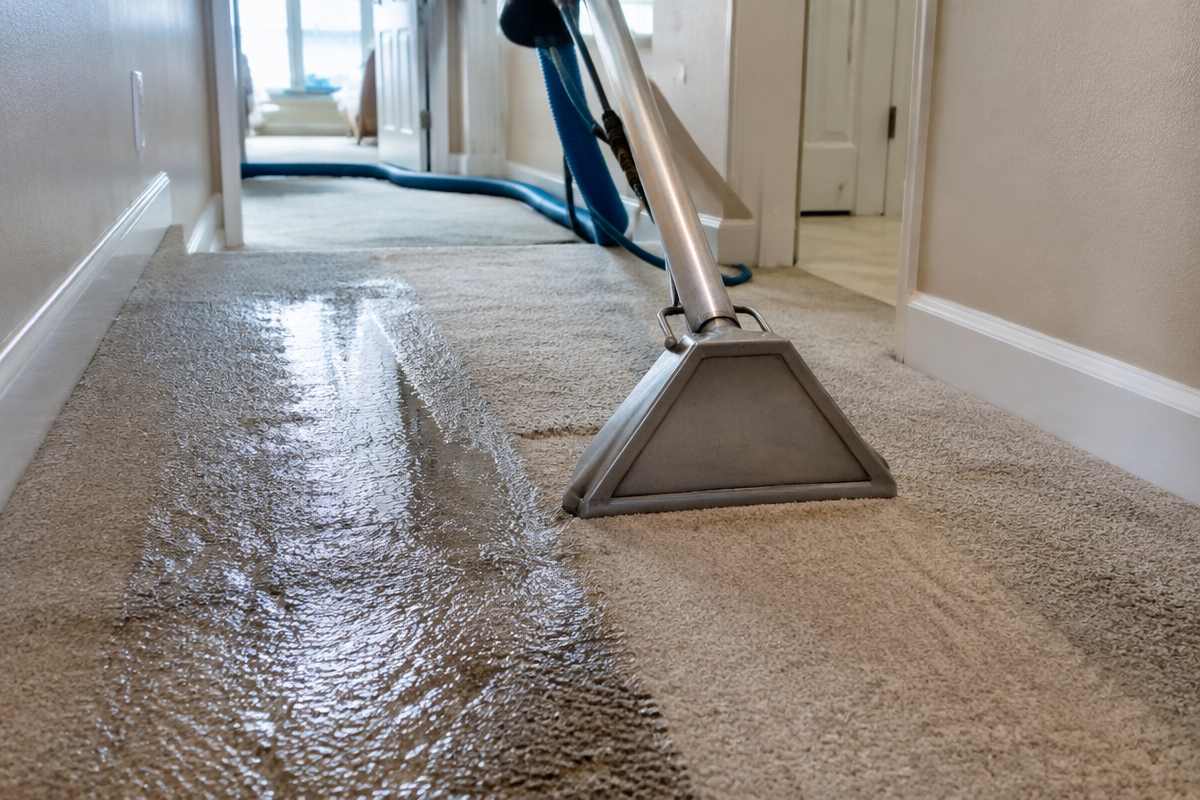 Extraction wand pulling water out of a soaked carpet in a South Texas home hallway