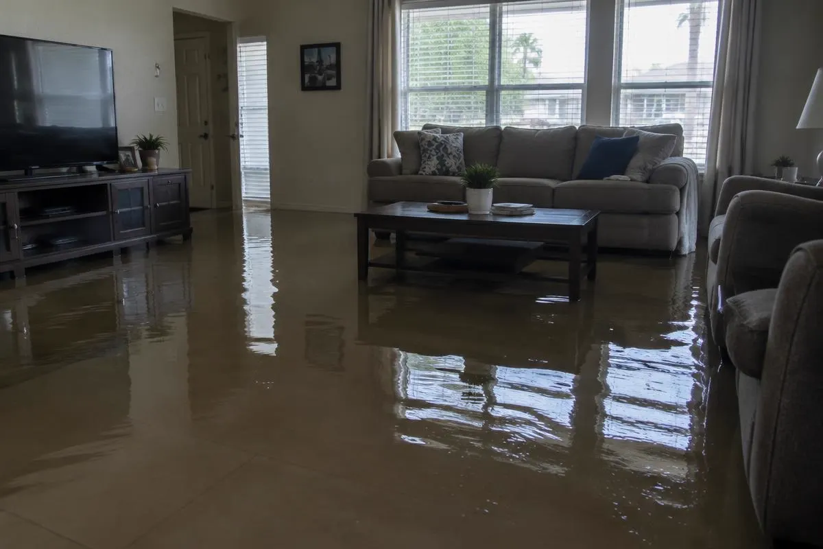 Flooded living room floor after a flash flood in a South Texas home awaiting water damage cleanup