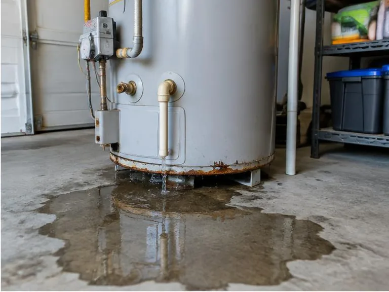 Water leaking from a garage water heater onto concrete.