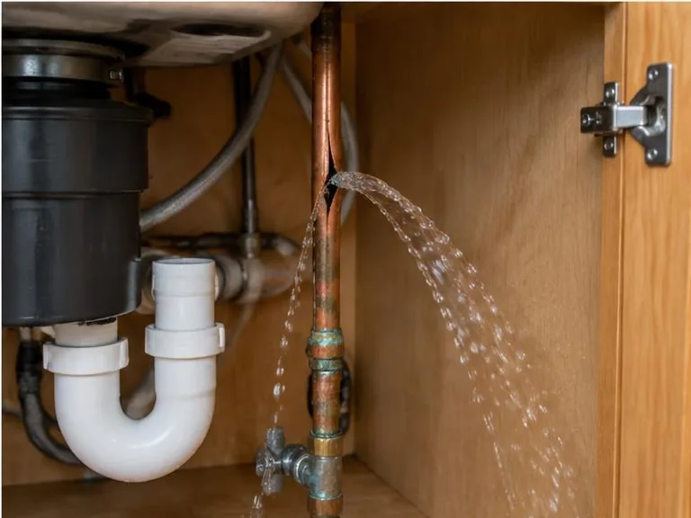Split copper pipe spraying water beneath a kitchen sink.