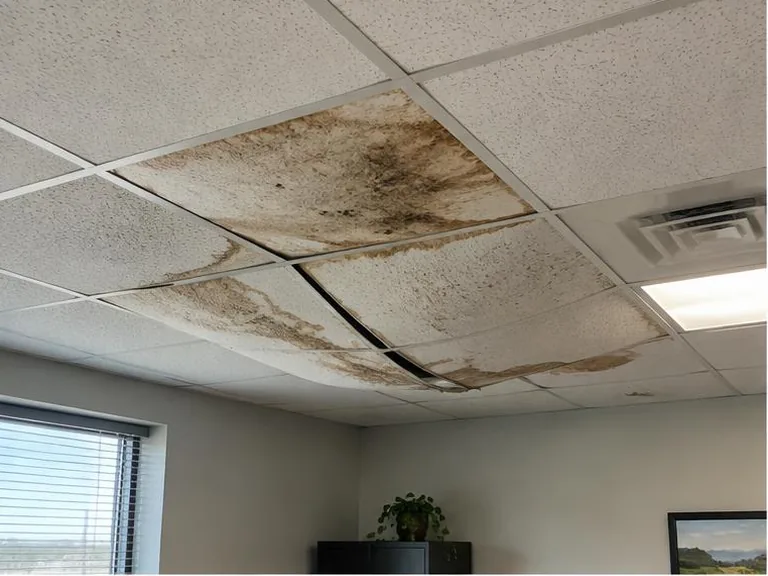 Stained and sagging acoustic drop-ceiling tiles in an office.