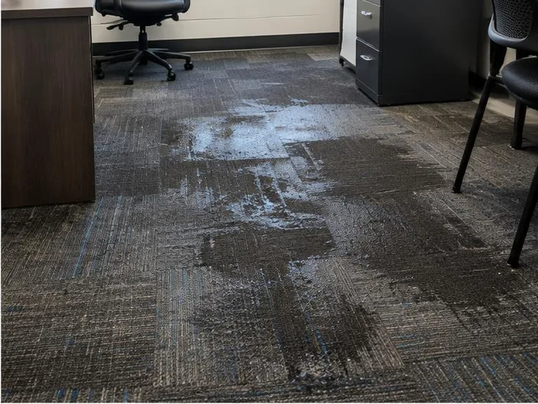 Wet carpet tiles extending across an office floor.