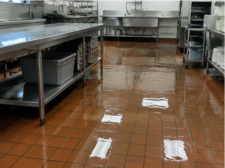 Standing water on a restaurant kitchen floor beside stainless-steel worktables.