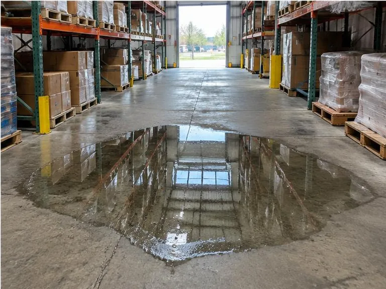 Roof-leak puddle on a concrete warehouse aisle.