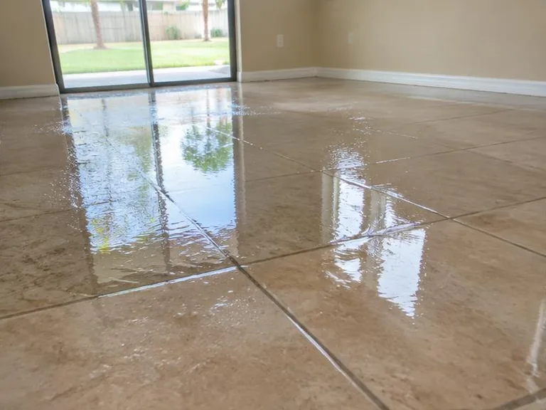 Standing water reflecting daylight across a tiled living room floor.