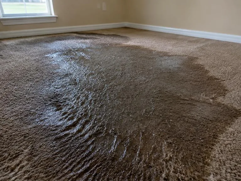Waterlogged carpet with a dark saturated patch.
