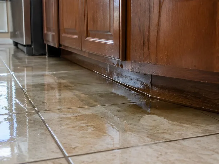 Water pooling along the toe kick beneath kitchen cabinets.