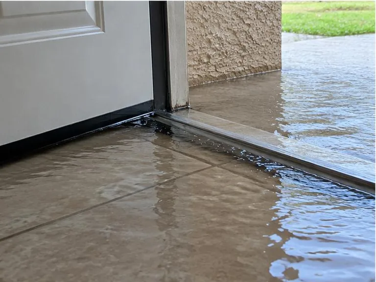 Water entering beneath an exterior door onto a tile floor.