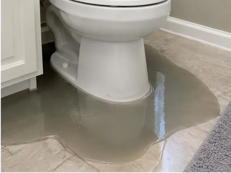 Grey water pooling around the base of a toilet.