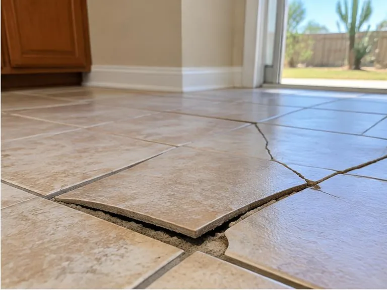 Cracked ceramic floor tiles lifting away from the floor.