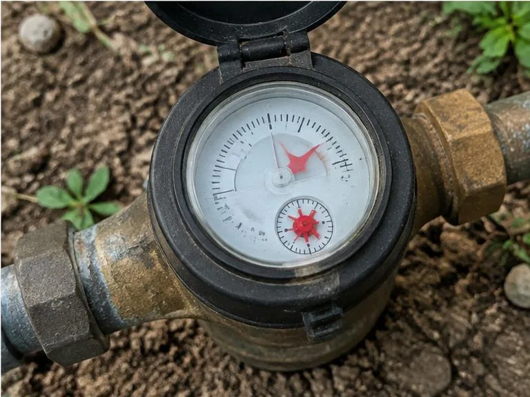 Residential water meter with a visible leak indicator dial.