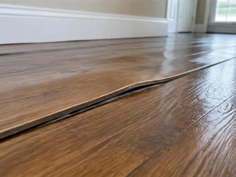 Wood floorboards cupping upward after a leak.