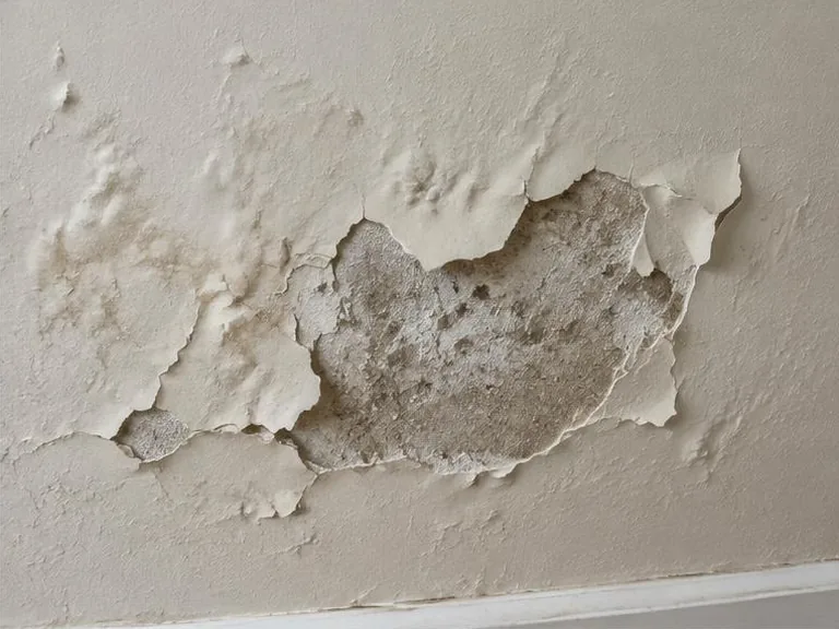 Bubbling and peeling paint exposing damp plaster on a wall.