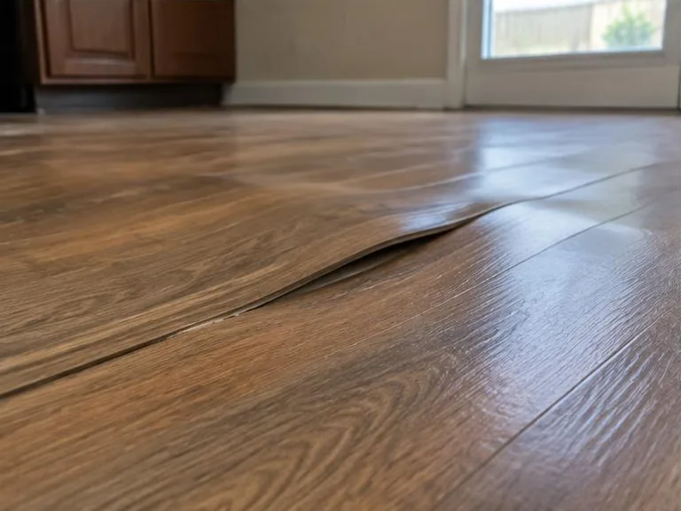 Warped laminate floorboards lifting along their edges.
