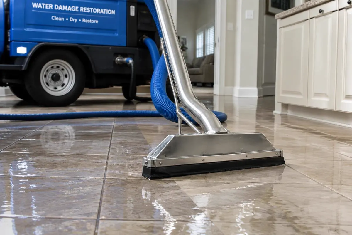 Emergency water extraction wand removing standing water from a tile floor in a Rio Grande Valley home